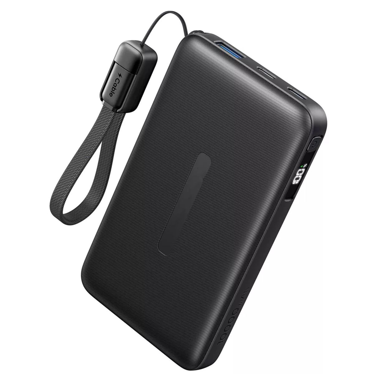 10000Mah Fast Charging Power Bank With Attachable Usb-C Lanyard Cable And Digital Display