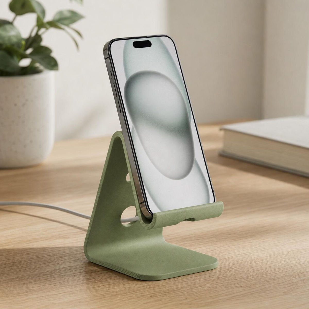Sleek One-Piece Smartphone Support Stand With Built-In Cable Cutout For Desktop Charging