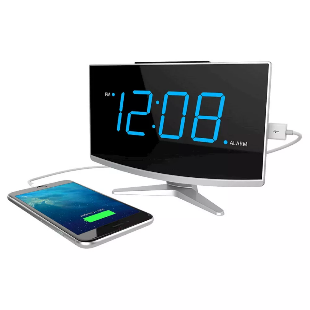 Jumbo Curved Blue LED Digital Alarm Clock with USB Charging Port