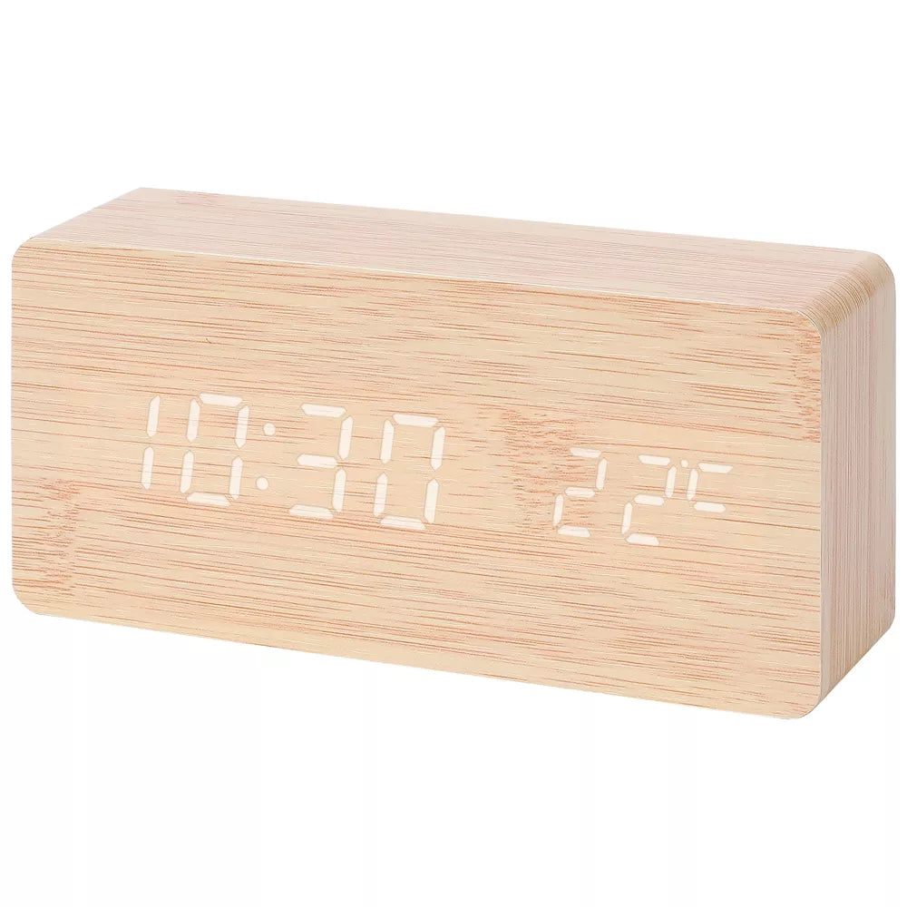 Wood Grain Voice Activated Digital Alarm Clock with Adjustable Brightness