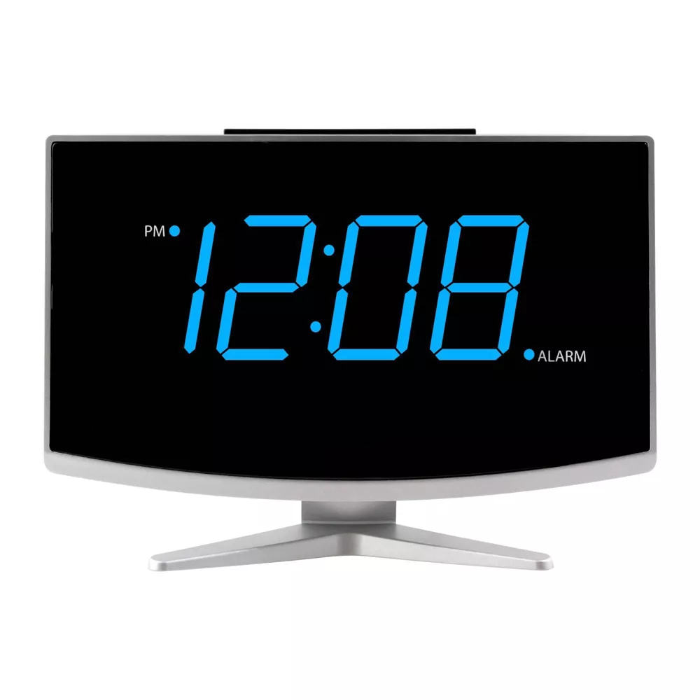 Jumbo Curved Blue LED Digital Alarm Clock with USB Charging Port
