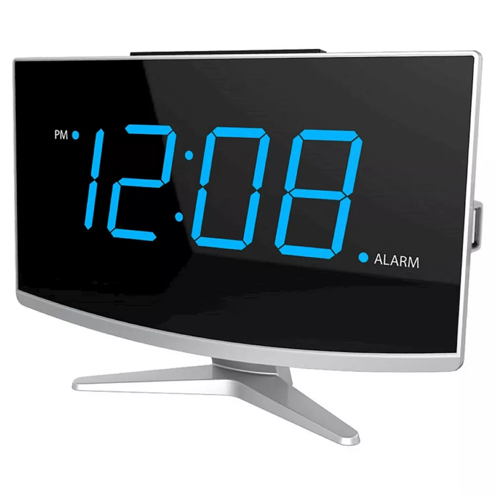 Jumbo Curved Blue LED Digital Alarm Clock with USB Charging Port